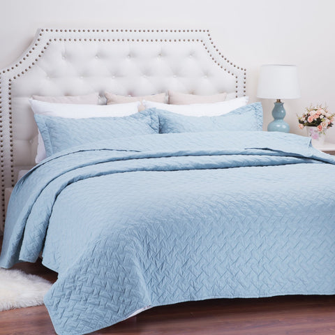 Quilt Set Solid Ice Blue Twin(68"x86") Basketweave Pattern Lightweight Hypoallergenic Microfiber "Simone" by Bedsure Basketweave Ice Blue TWIN(68"x86")