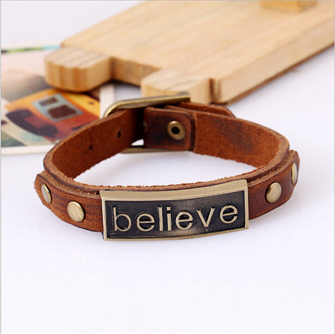 2016 Punk Style Alloy Leather Bracelet "believe" Bracelet Wristband For Women Men Fashion Retro Jewelry