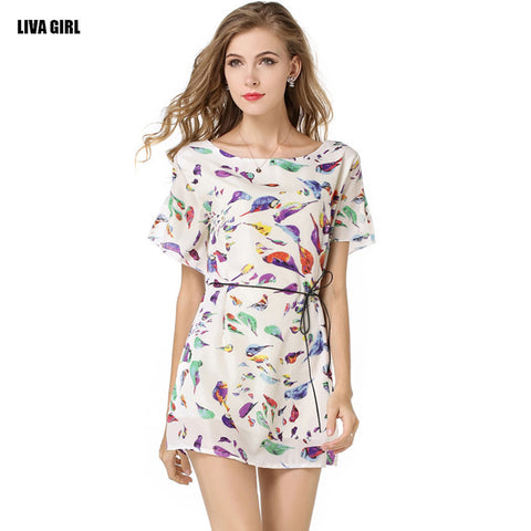 2016 New Women Summer Dresses Printed Batwing Sleeve O-neck Ladies A-line Vestidos Mini Dresses Casual Beach Chiffon Dresses