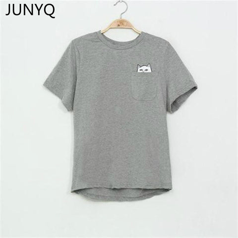 2017 Summer T-shirt Women Casual Lady Top Tees Cotton Tshirt Female Brand Clothing T Shirt Printed Pocket Cat Top Cute Tee S-4XL