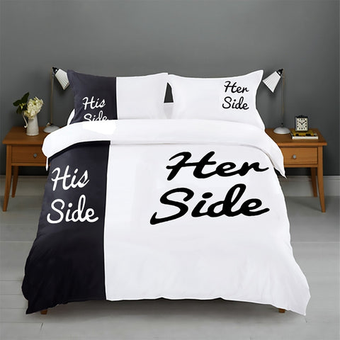 Who's the bestHer Side His Side Couple's Bedding Sets 3/4pcs Duvet Cover Flat Sheet Pillow Cases Size King Queen White & Black Quilt Cover set