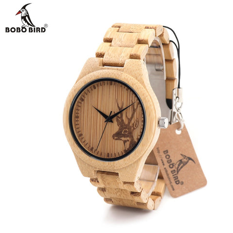 BOBOBIRD D28 Natural Bamboo Wood Watches With Deer Head Engrave With Bamboo Strap For Gift